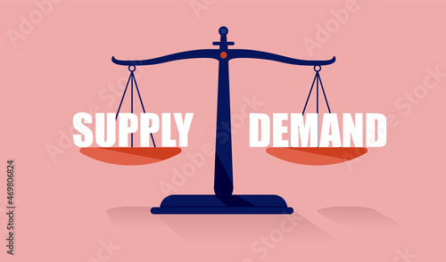 Supply and demand vector illustration. Weight scale with words in equal position.