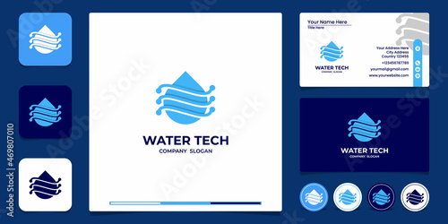water tech logo template and business card design