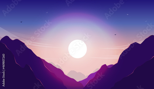 Mountain landscape vector - Illustration of tall mountains with sun and clear sky