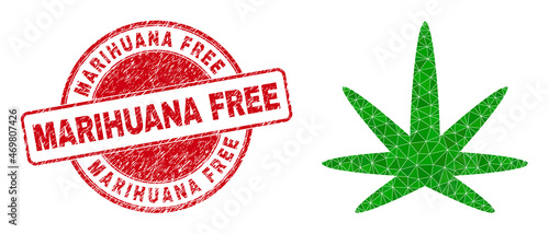 Low-Poly triangulated cannabis leaf icon illustration with Marihuana Free unclean stamp seal. Red stamp seal has Marihuana Free caption inside round form. Cannabis leaf icon filled using triangles.