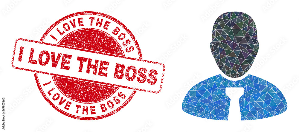 Lowpoly triangulated boss symbol illustration with I Love the Boss corroded stamp. Red stamp has I Love the Boss caption inside circle shape. Boss icon is filled using triangle mosaic.