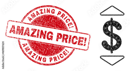 Low-Poly triangulated dollar up down 2d illustration with Amazing Price! textured seal print. Red stamp has Amazing Price! caption inside circle shape. Dollar up down icon filled using triangles.