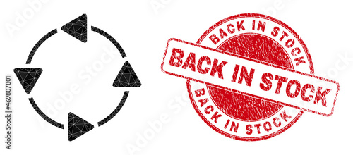Lowpoly polygonal CCW circulation arrows icon illustration with Back in Stock dirty stamp seal. Red stamp includes Back in Stock title inside circle it.