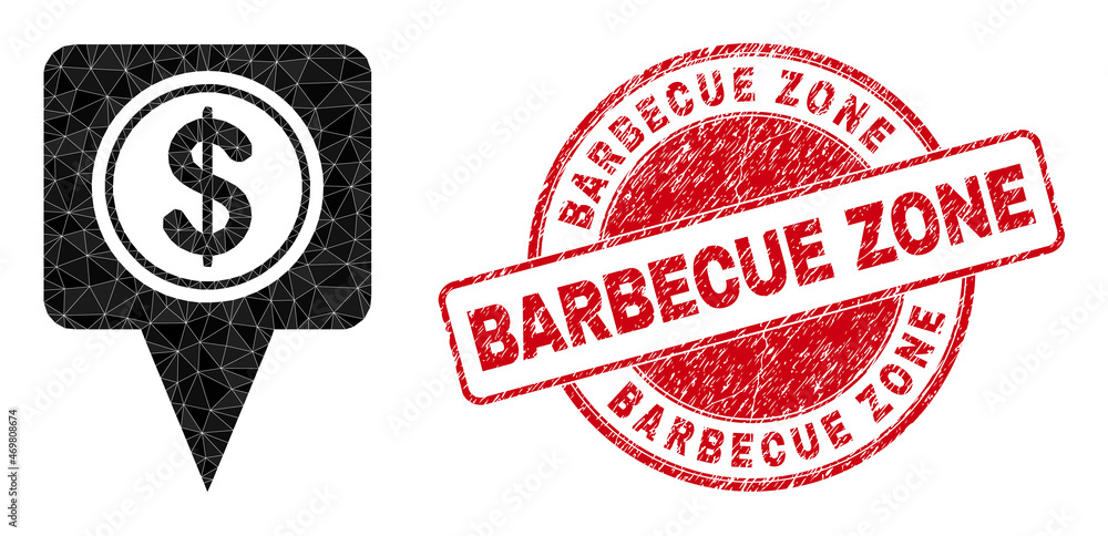 Low-Poly triangulated dollar map marker 2d illustration, and Barbecue Zone grunge seal imitation. Red stamp seal has Barbecue Zone caption inside circle it. Low-Poly triangulated dollar map marker 2d illustration, and Barbecue Zone grunge seal imitation. Red stamp seal has Barbecue Zone caption inside circle it.