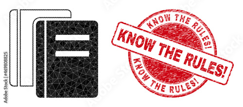 Low-Poly polygonal books symbol illustration with Know the Rules! scratched stamp seal. Red stamp seal has Know the Rules! tag inside circle it. Books icon is filled using triangles.