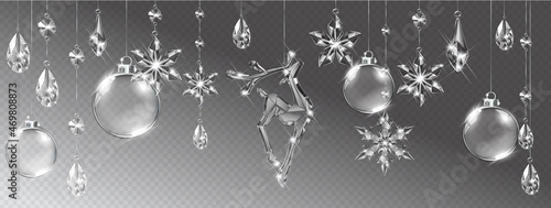 Vector realistic transparent Christmas crystal deer and decoration on abstract background. Glass sparkling translucent crystals