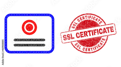 Lowpoly triangulated certificate 2d illustration with SSL Certificate dirty watermark. Red stamp seal has SSL Certificate title inside circle it. Certificate icon is filled with triangles.