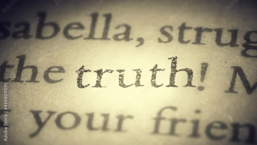 The words Truth, love, happiness and believe, replacing each other on the old page in the book, are separated from the general text and approach the camera. Creative 3D 4k slow motion loop animation.