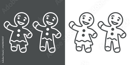 Logotipo de postre de Navidad. Set de iconos de silueta de mujer y hombre de pan de jengibre con líneas en fondo gris y fondo blanco