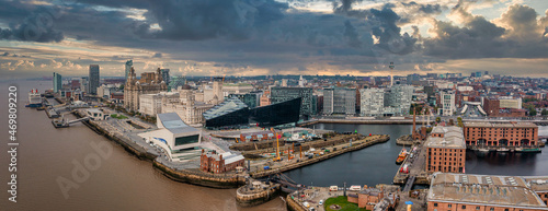 Beautiful panorama of Liverpool waterfront in the evening sunset. Liverpool aerial view.