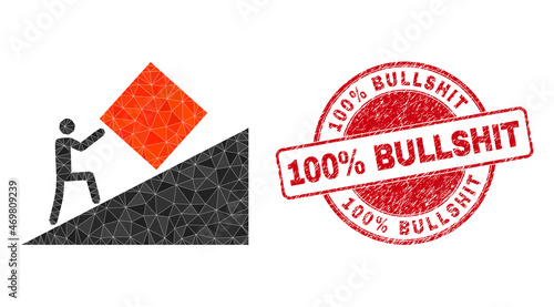Low-Poly triangulated absurd work symbol illustration with 100% BULLSHIT unclean watermark. Red seal contains 100% Bullshit caption inside round shape. Absurd work icon is filled with triangles.