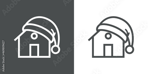 Logotipo lineal con casa con silueta de sombrero de Papá Noel en fondo gris y fondo blanco, para su uso en invitaciones y tarjetas de felicitación