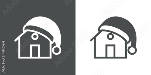 Logotipo lineal con casa con silueta de sombrero de Papá Noel en fondo gris y fondo blanco, para su uso en invitaciones y tarjetas de felicitación