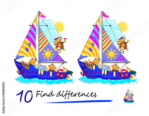Find 10 differences. Illustration of funny monkeys in sailing. Logic puzzle game for children and adults. Page for kids brain teaser book. Developing counting skills. IQ test. Play online.