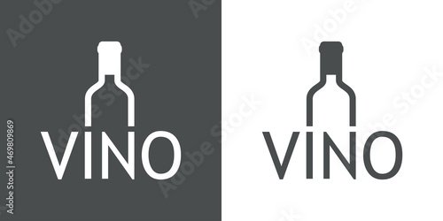 Banner con texto Vino en español con forma de silueta de botella de vino con líneas en fondo gris y fondo blanco