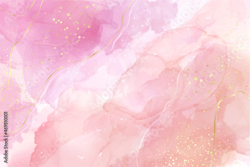 Rose pink liquid watercolor background with golden lines. Dusty blush marble alcohol ink drawing effect. Vector illustration design template for wedding invitation, menu, rsvp