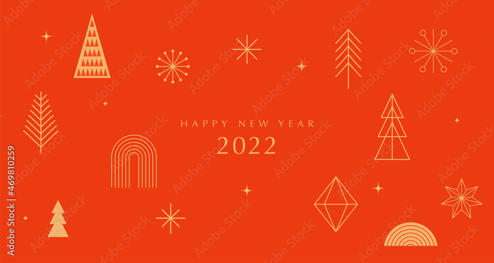 Simple Christmas background, elegant geometric minimalist style. Happy new year banner. Snowflakes, decorations and Xmas trees elements. Retro clean concept design