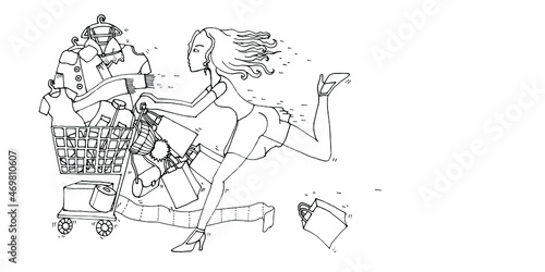 A running young woman with a shopping trolley full a textile, industry goods. Shopping in store, supermarket with discount. Products sale. Business. Hand drawn image and place for your text. Vector