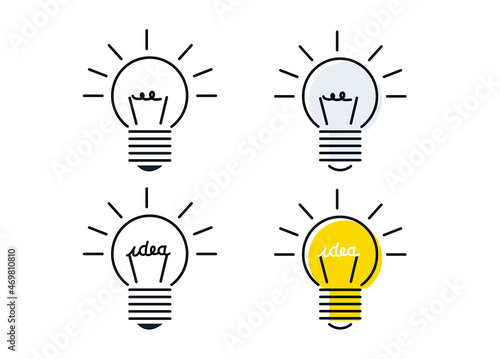 icône ou pictogramme d'une ampoule qui s'allume. Symbole d'une idée ou du génie grâce à la lumière. Le mot idée est écrit avec le filament de l'ampoule