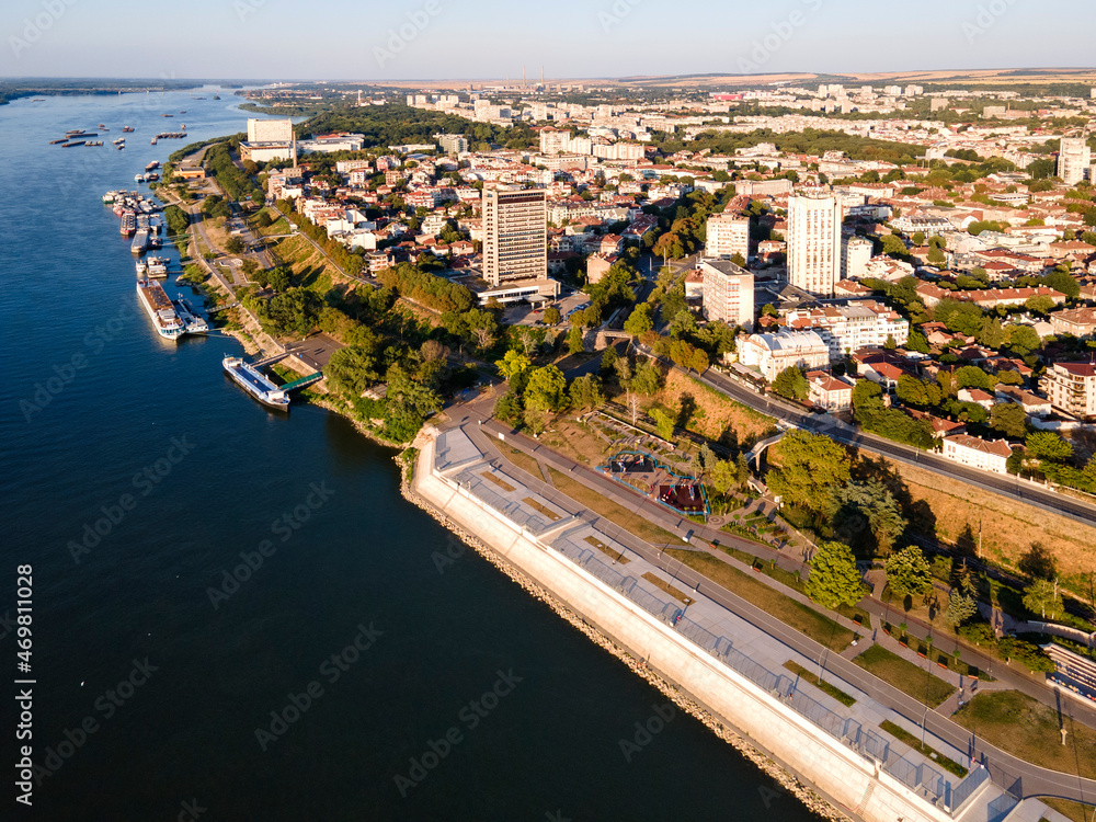 Aerial view of Danube River and City of Ruse, Bulgaria