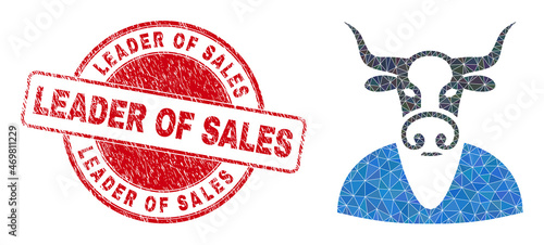 Lowpoly triangulated cow boy symbol illustration with Leader of Sales unclean seal. Red stamp seal has Leader of Sales title inside circle shape. Cow boy icon filled with triangles.