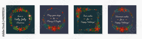 Christmas and Happy New Year holiday decorative wreaths.Festive vector templates with hand drawn traditional winter holiday symbols.Xmas trendy designs for banners invitations prints social media.