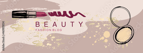 Cosmetics and fashion banner with lipstick, foundation powder and make up brush strokes