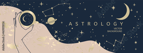 Vector astrology and mystical banner template with hand holding the cup, gold stars, moon and sun symbols