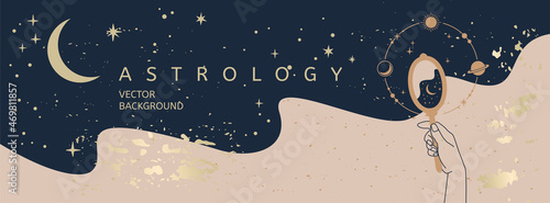 Hand drawn vector astrology and mystical banner template with hand holding the mirror, gold stars, moon and sun symbols