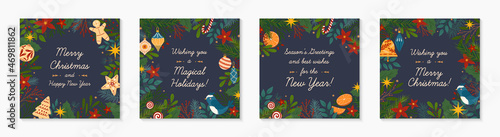 Christmas and Happy New Year decorative greeting banners.Festive vector templates with hand drawn traditional winter holiday symbols.Xmas trendy designs for banners,invitations,prints,social media