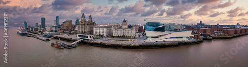 Beautiful aerial panoramic view of the Liverpool city skyline view near the sea. Liverpool waterfront scene. © Aerial Film Studio