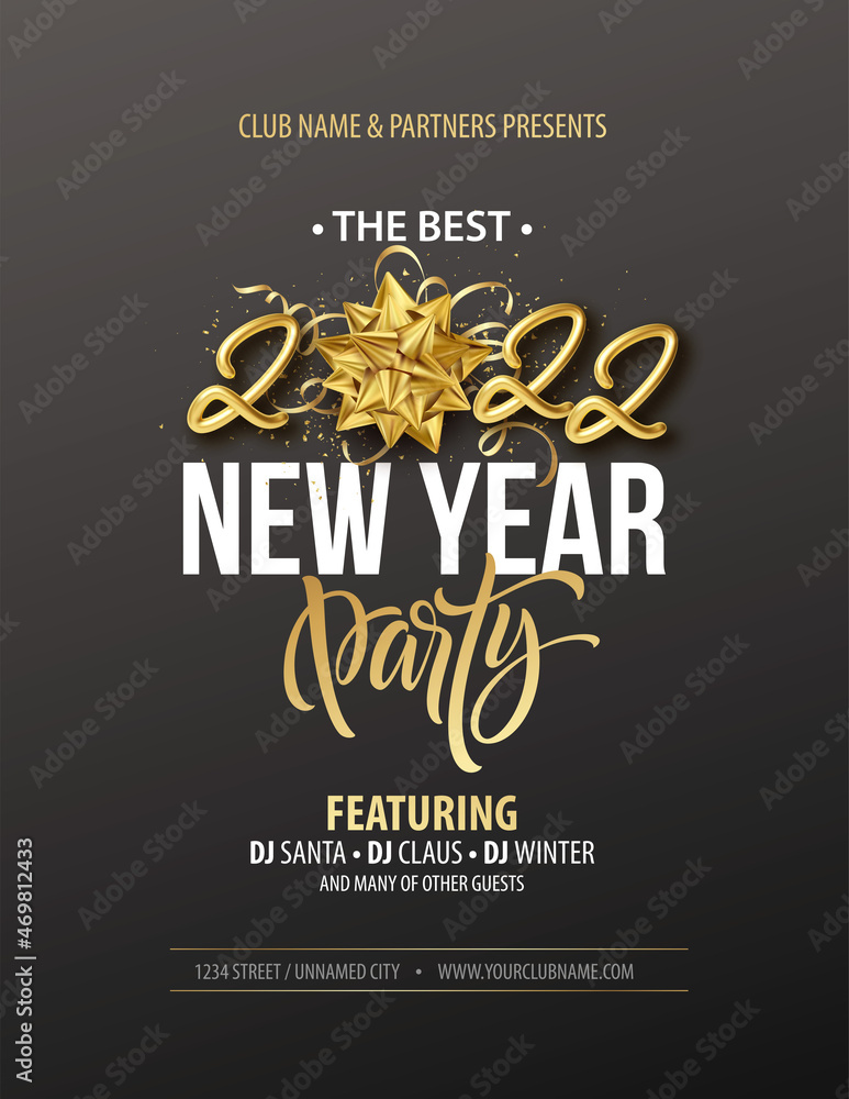 New Year party typography poster with 2022 gold realistic inscription, gift bow, golden tinsel and golden confetti on a black background. Vector illustration