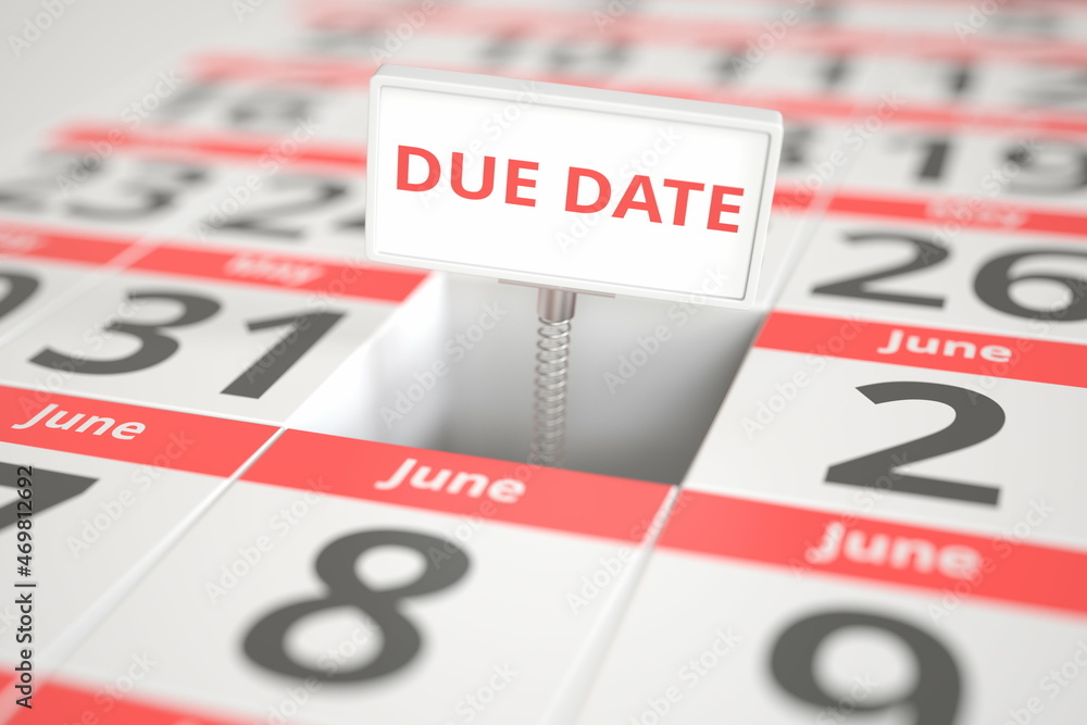 DUE DATE message on June 1 in a calendar, 3d rendering DUE DATE message on June 1 in a calendar, 3d rendering