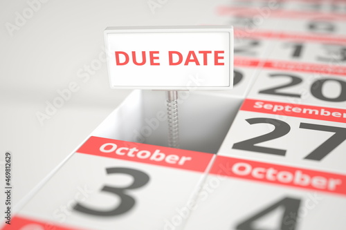 DUE DATE sign on September 26 in a calendar, 3d rendering