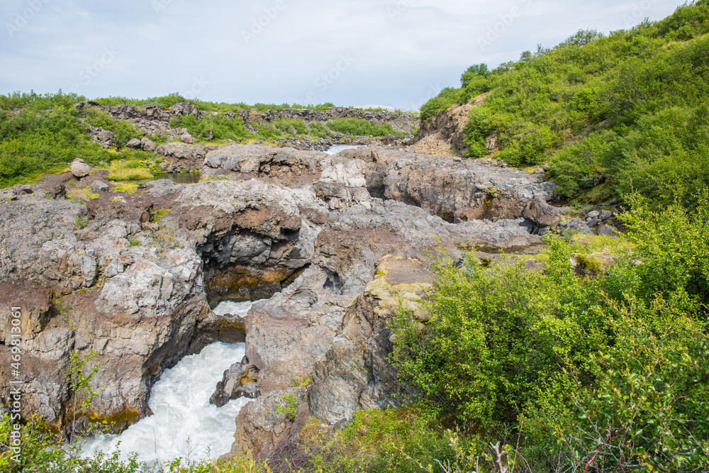 Waterfall Barnafossar in Hvita river in Borgarfjordur in the countryside of Iceland