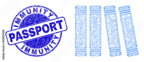 Network irregular mesh books icon with Immunity Passport rubber round stamp seal. Abstract lines are combined into books picture. Blue stamp seal contains Immunity Passport title inside round shape.