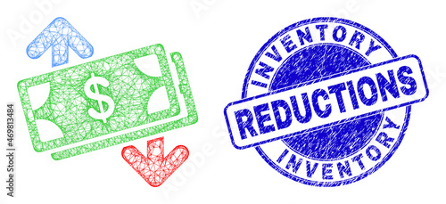 Carcass irregular mesh banknotes exchange arrows icon with Inventory Reductions textured round seal print. Abstract lines form banknotes exchange arrows illustration.