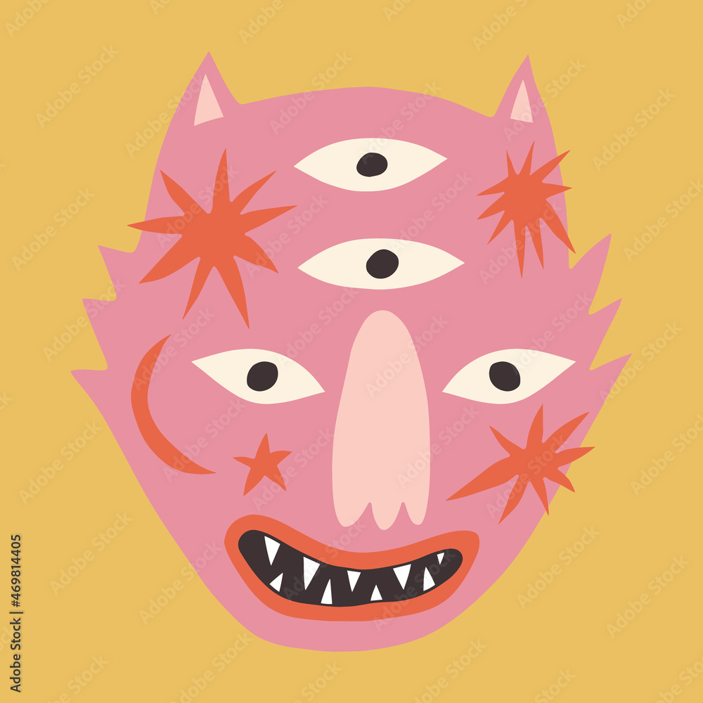 Funny cat face monster boho naive funky handdrawn style art Funny cat face monster boho naive funky handdrawn style art