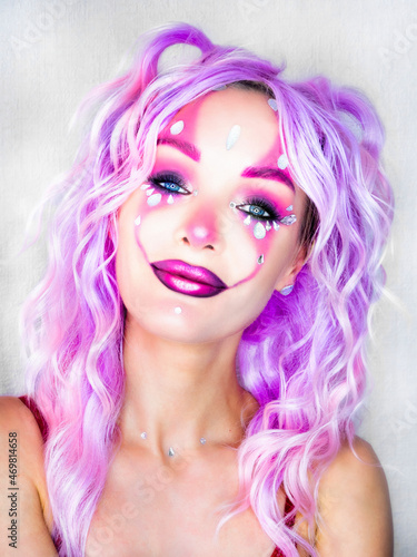 Girl with bright makeup and purple hair