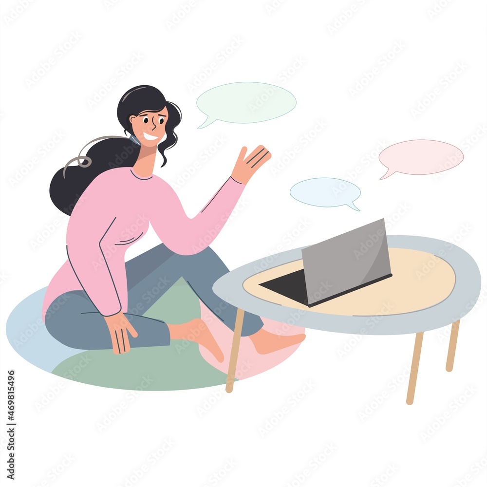Young woman communicates using Zoom or Skype while sitting on the carpet. A girl works from home during a pandemic. Video conferencing. Social isolation Freelance, pleasant home environment. Vector.