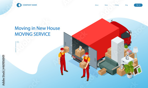 Isometric Moving Company Worker Carrying Boxes and Furniture, Truck Delivering. Delivery Truck Full of Home Stuff Inside. Moving to New House. Boxes with Goods. Man with Cardboard Boxes.