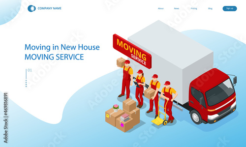 Isometric Moving Company Worker Carrying Boxes and Furniture, Truck Delivering. Delivery Truck Full of Home Stuff Inside. Moving to New House. Boxes with Goods. Man with Cardboard Boxes.