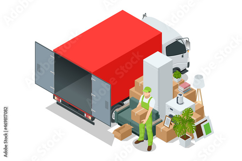 Isometric Moving Company Worker Carrying Boxes and Furniture, Truck Delivering. Delivery Truck Full of Home Stuff Inside. Moving to New House. Boxes with Goods. Man with Cardboard Boxes.