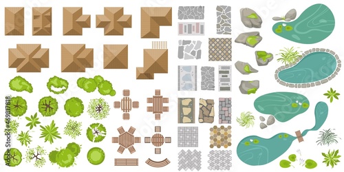 Set Architectoral and Landscape elements top view. Collection of houses, garden plants, trees, ponds, outdoor furniture, footpath tile, tables, benches, chairs for landscape design. Vector. View above