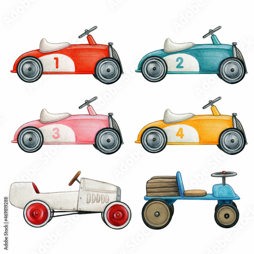 Watercolor hand drawn toy pedal cars