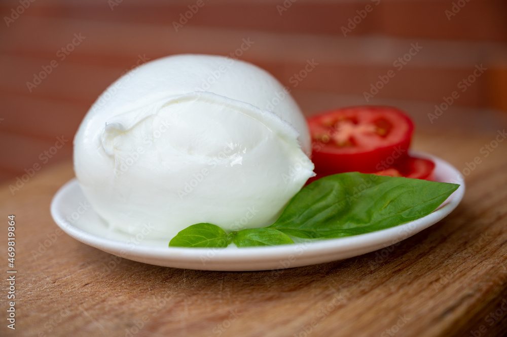 White ball of Italian soft cheese Mozzarella di Bufala Campana with fresh green basil and red tomato White ball of Italian soft cheese Mozzarella di Bufala Campana with fresh green basil and red tomato