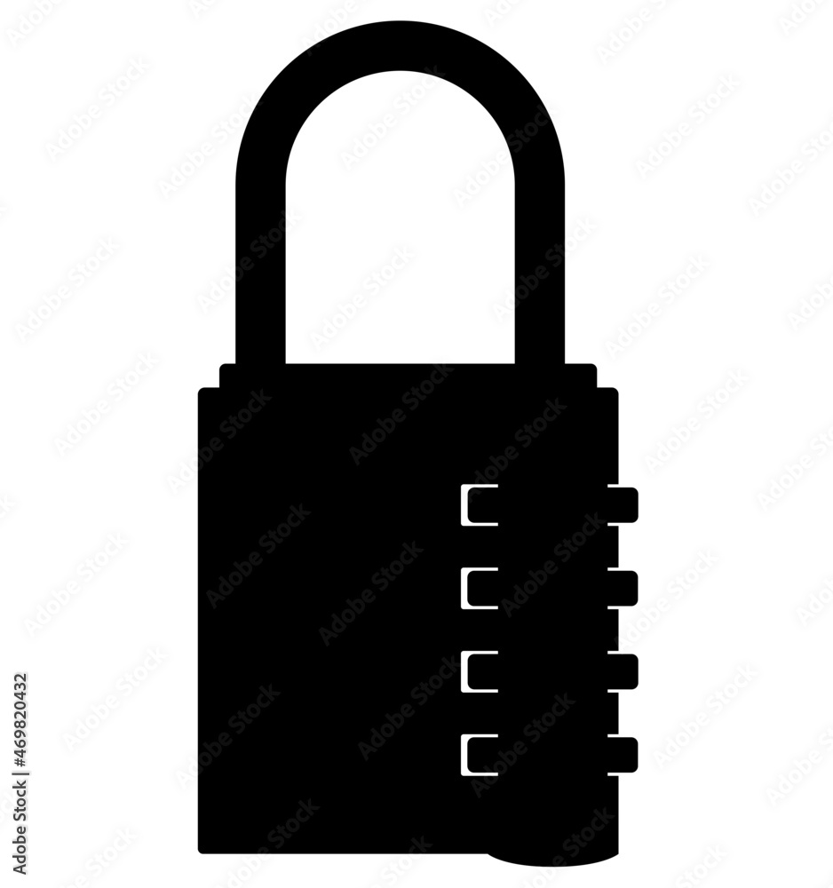 Closed combination lock, padlock with security code dial, number wheel. Detailed realistic silhouette Closed combination lock, padlock with security code dial, number wheel. Detailed realistic silhouette