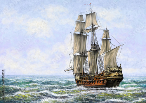 Old ship on the sea. Digital oil paintings sea landscape. Fine art, artwork