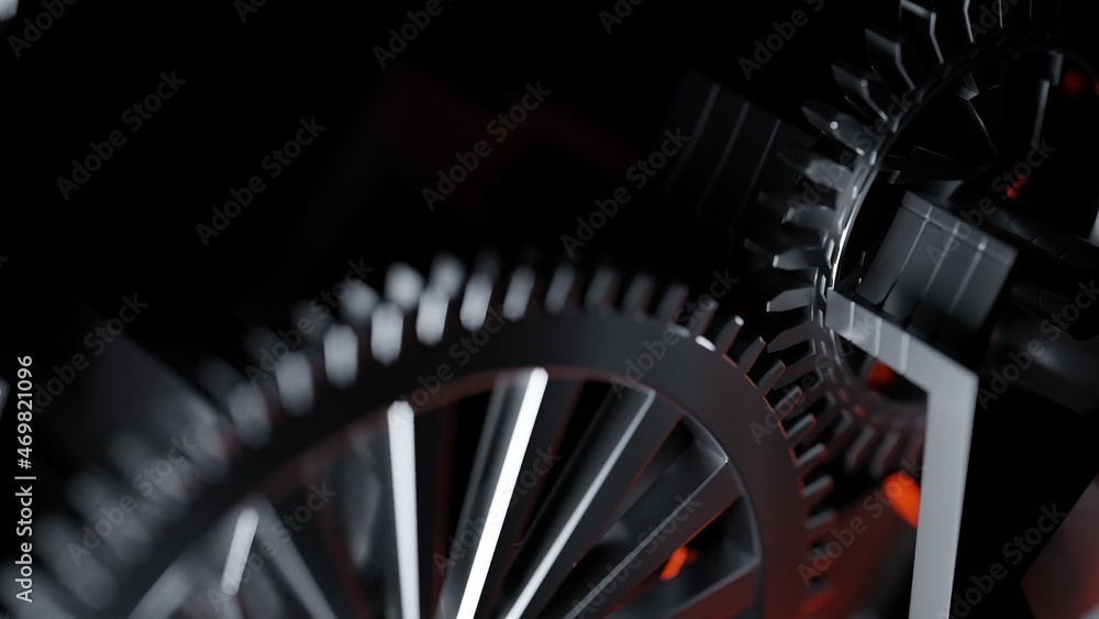 Fototapeta premium Steel gears from an engine gearbox, close up. High performance engines, concept. Digital 3D rendering.