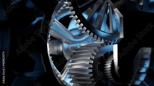 Steel gears from an engine gearbox, close up. High performance engines, concept. Digital 3D rendering. © Hernan Schmidt